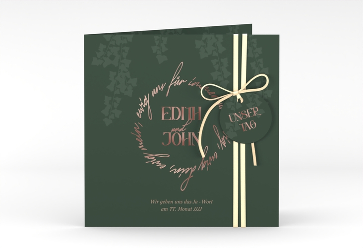 Hochzeitseinladung Efeugrün quadr. Klappkarte rosegold im Fantasy-Elfen-Design mit Efeu