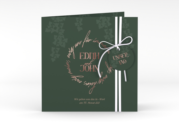 Hochzeitseinladung Efeugrün quadr. Klappkarte rosegold im Fantasy-Elfen-Design mit Efeu