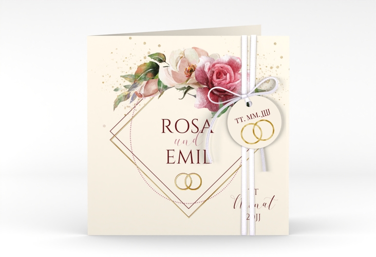 Hochzeitseinladung Rosenbogen quadr. Klappkarte gold
