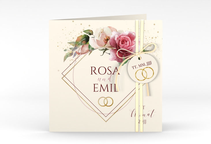 Hochzeitseinladung Rosenbogen quadr. Klappkarte gold