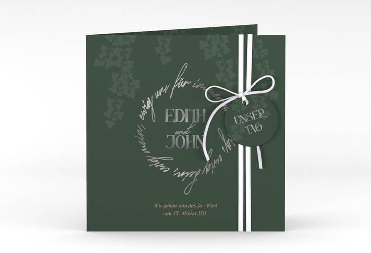 Hochzeitseinladung Efeugrün quadr. Klappkarte silber im Fantasy-Elfen-Design mit Efeu