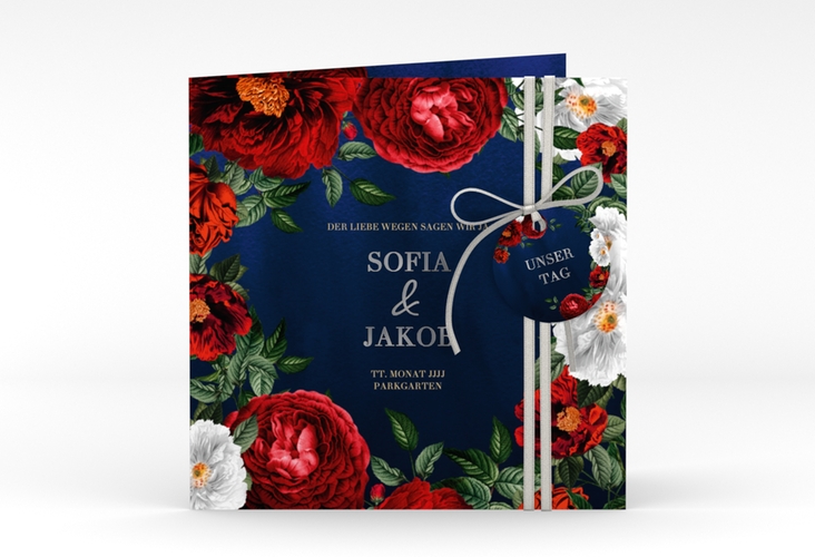 Einladungskarte Hochzeit "Florista" quadratische Klappkarte silber