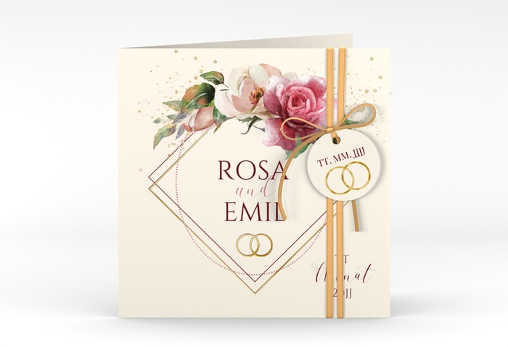 Hochzeitseinladung Rosenbogen quadr. Klappkarte gold