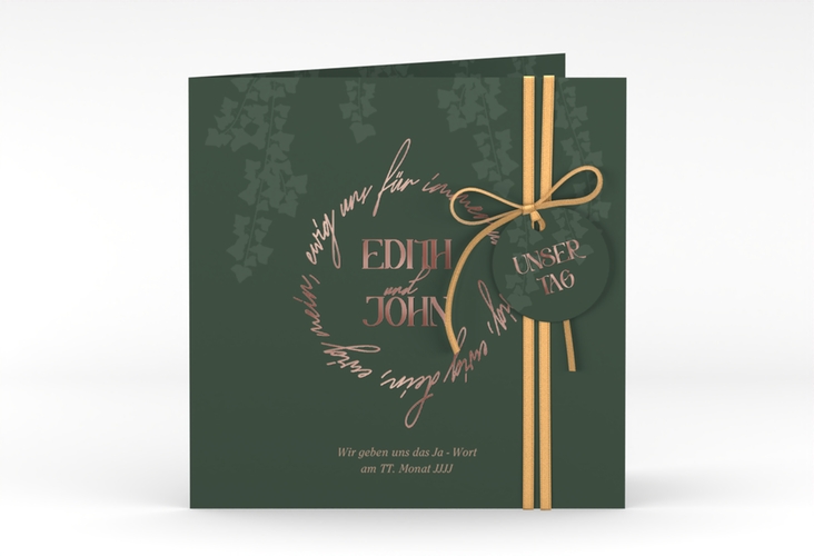Hochzeitseinladung Efeugrün quadr. Klappkarte rosegold im Fantasy-Elfen-Design mit Efeu