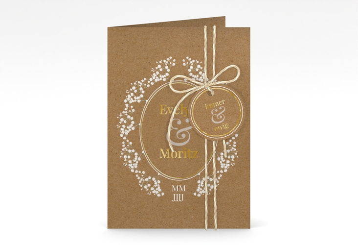Einladungskarte Hochzeit Gypsophila A6 Klappkarte hoch gold im Vintage-Stil mit Blumenkranz aus Schleierkraut