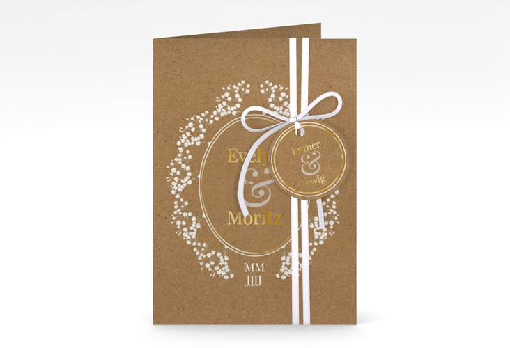 Einladungskarte Hochzeit Gypsophila A6 Klappkarte hoch gold im Vintage-Stil mit Blumenkranz aus Schleierkraut