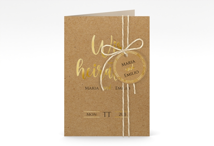 Einladungskarte Hochzeit Noble A6 Klappkarte hoch gold mit elegantem Schriftzug