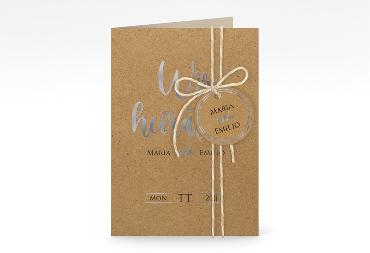 Einladungskarte Hochzeit Noble A6 Klappkarte hoch silber mit elegantem Schriftzug