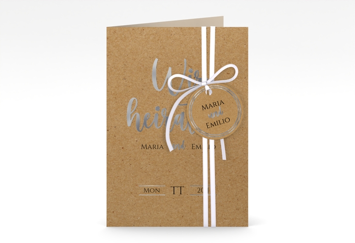 Einladungskarte Hochzeit Noble A6 Klappkarte hoch silber mit elegantem Schriftzug