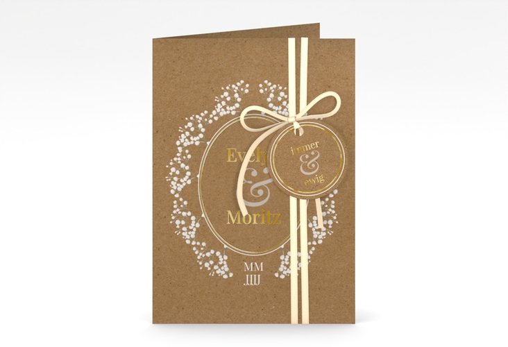 Einladungskarte Hochzeit Gypsophila A6 Klappkarte hoch gold im Vintage-Stil mit Blumenkranz aus Schleierkraut