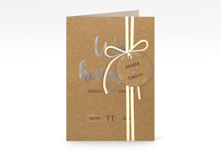 Einladungskarte Hochzeit Noble A6 Klappkarte hoch silber mit elegantem Schriftzug