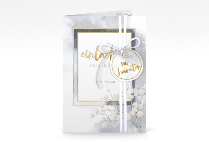 Einladungskarte Hochzeit Winter A6 Klappkarte hoch gold mit Schleierkraut