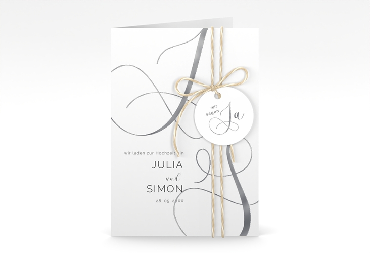 Hochzeitseinladung Eheschließung A6 Klappkarte hoch silber mit Gräsern und Trockenblumen für Boho-Hochzeit