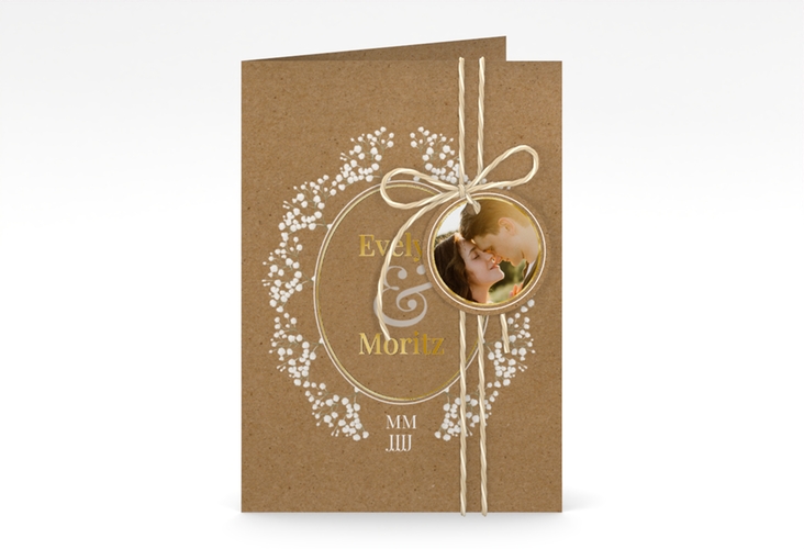 Einladungskarte Hochzeit Gypsophila A6 Klappkarte hoch gold im Vintage-Stil mit Blumenkranz aus Schleierkraut