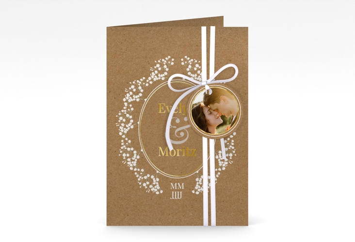 Einladungskarte Hochzeit Gypsophila A6 Klappkarte hoch gold im Vintage-Stil mit Blumenkranz aus Schleierkraut