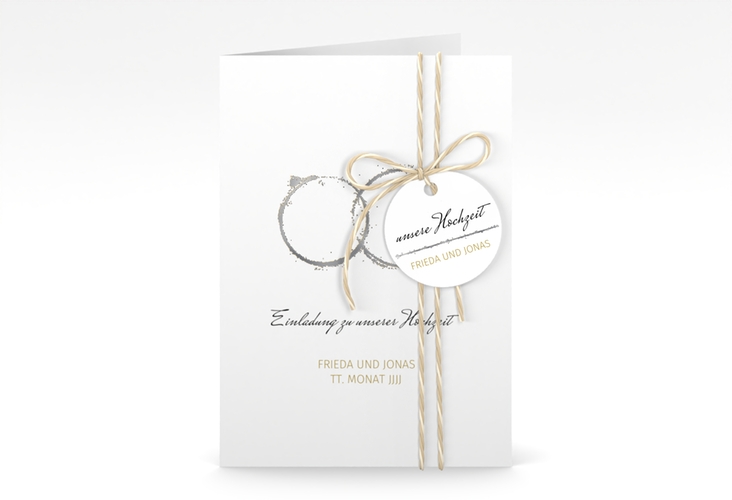 Einladungskarte Hochzeit Trauringe A6 Klappkarte hoch silber minimalistisch gestaltet mit zwei Eheringen