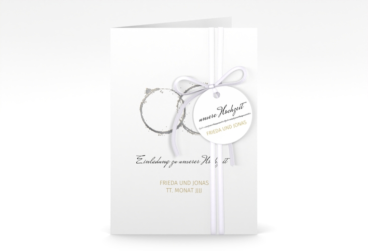 Einladungskarte Hochzeit Trauringe A6 Klappkarte hoch silber minimalistisch gestaltet mit zwei Eheringen