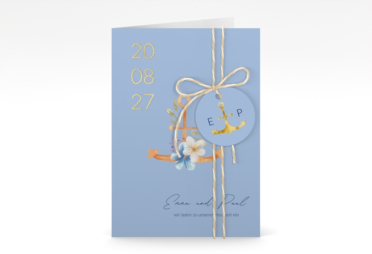 Einladungskarte Hochzeit Anker Floral A6 Klappkarte hoch gold