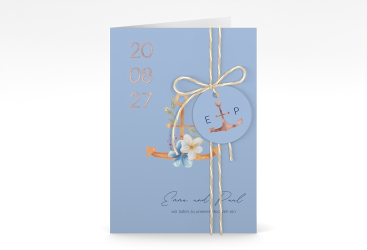 Einladungskarte Hochzeit Anker Floral A6 Klappkarte hoch rosegold