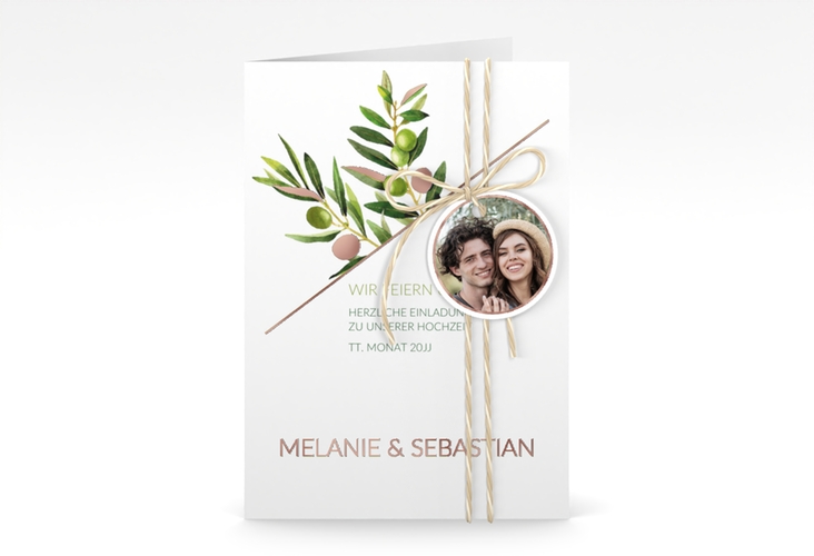 Einladungskarte Hochzeit Olivenzweig A6 Klappkarte hoch rosegold