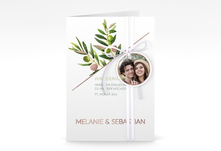 Einladungskarte Hochzeit Olivenzweig A6 Klappkarte hoch rosegold