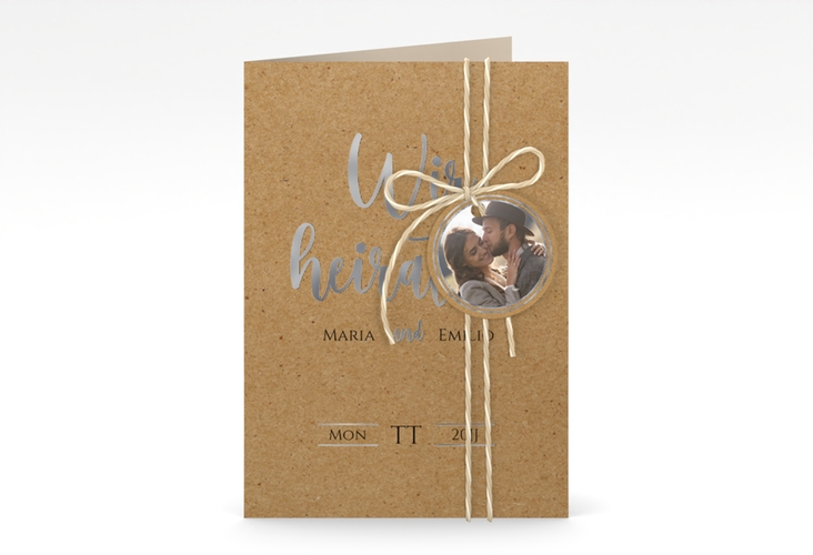 Einladungskarte Hochzeit Noble A6 Klappkarte hoch silber mit elegantem Schriftzug