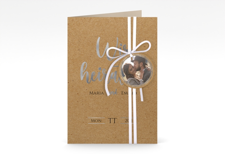 Einladungskarte Hochzeit Noble A6 Klappkarte hoch silber mit elegantem Schriftzug