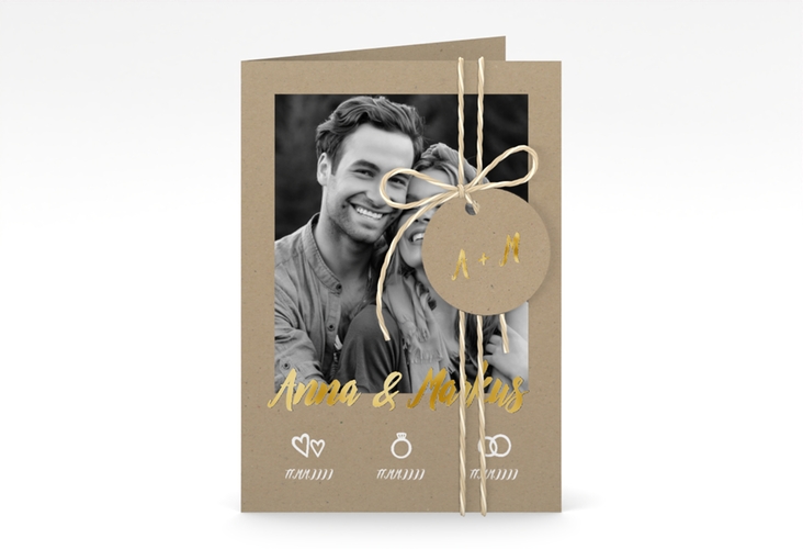 Einladungskarte Hochzeit Icons A6 Klappkarte hoch gold im Kraftpapier-Look mit Foto