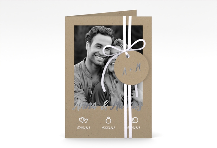 Einladungskarte Hochzeit Icons A6 Klappkarte hoch silber im Kraftpapier-Look mit Foto