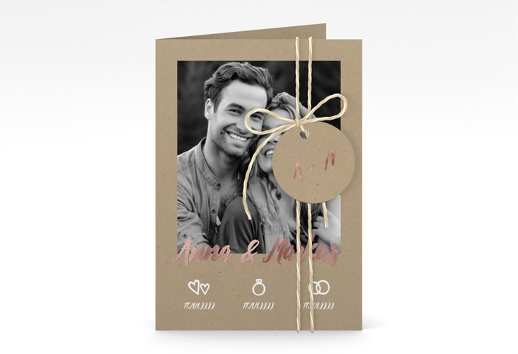 Einladungskarte Hochzeit Icons A6 Klappkarte hoch rosegold im Kraftpapier-Look mit Foto