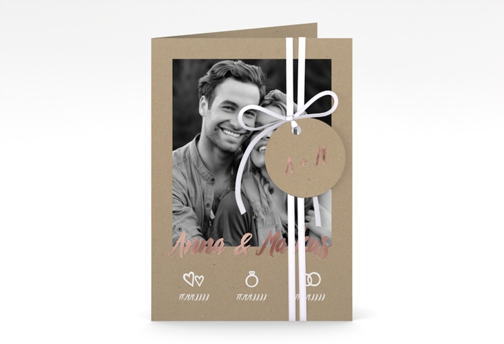 Einladungskarte Hochzeit Icons A6 Klappkarte hoch rosegold im Kraftpapier-Look mit Foto