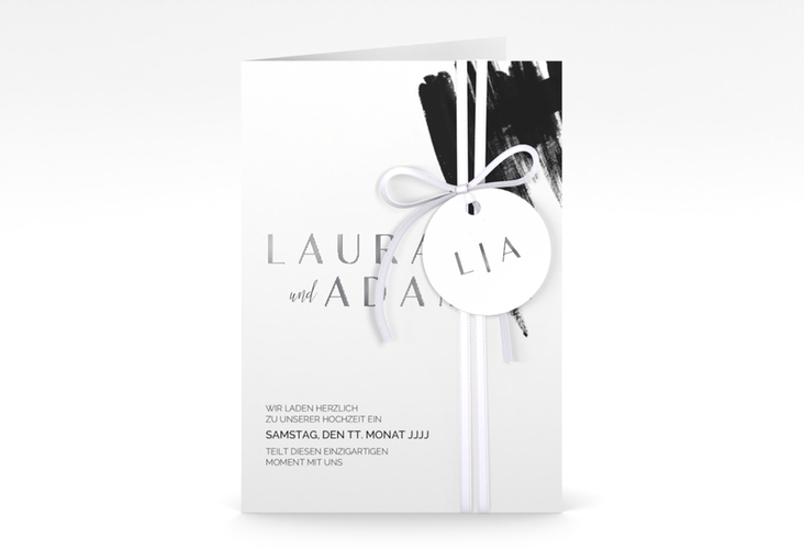 Einladungskarte Hochzeit Brush A6 Klappkarte hoch silber