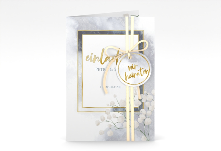 Einladungskarte Hochzeit Winter A6 Klappkarte hoch gold mit Schleierkraut
