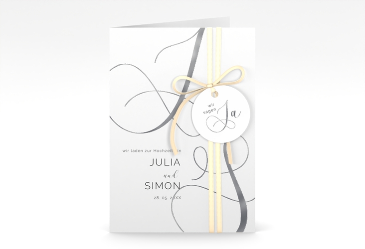 Hochzeitseinladung Eheschließung A6 Klappkarte hoch silber mit Gräsern und Trockenblumen für Boho-Hochzeit