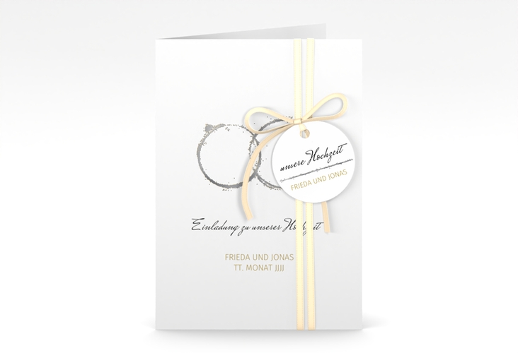 Einladungskarte Hochzeit Trauringe A6 Klappkarte hoch silber minimalistisch gestaltet mit zwei Eheringen