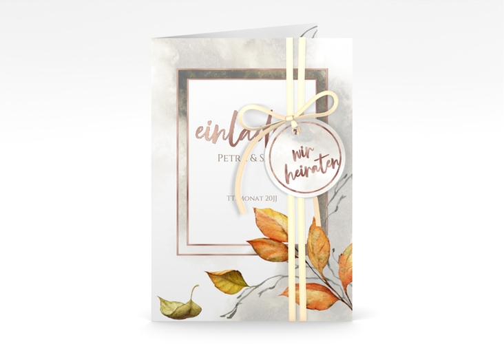 Einladungskarte Hochzeit Herbst A6 Klappkarte hoch rosegold mit orangefarbigem Herbstlaub in Aquarell