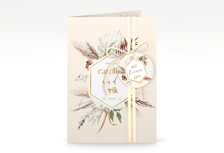 Einladungskarte Hochzeit Bohemian A6 Klappkarte hoch gold mit Gräsern und Trockenblumen für Boho-Hochzeit