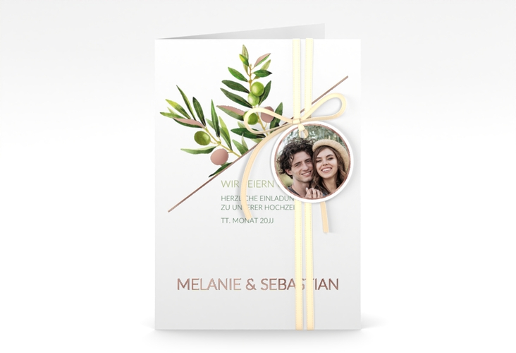 Einladungskarte Hochzeit Olivenzweig A6 Klappkarte hoch rosegold