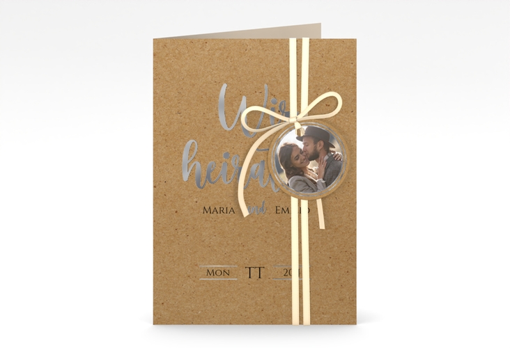 Einladungskarte Hochzeit Noble A6 Klappkarte hoch silber mit elegantem Schriftzug