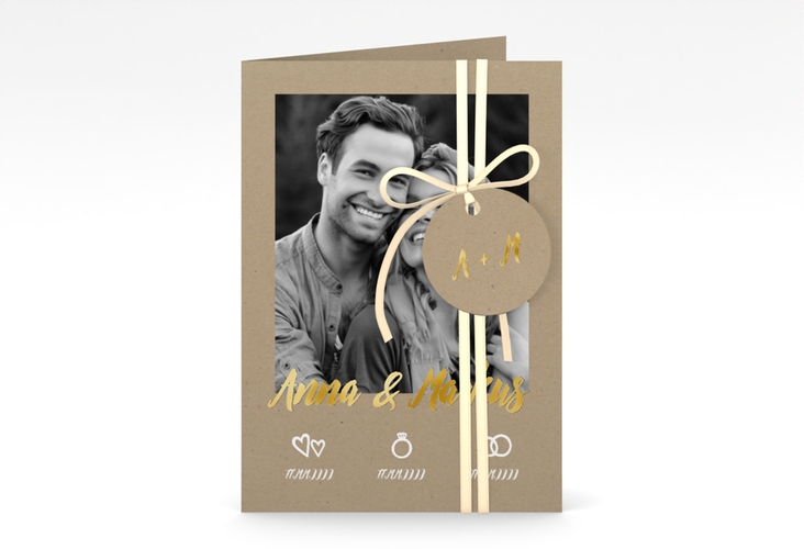Einladungskarte Hochzeit Icons A6 Klappkarte hoch gold im Kraftpapier-Look mit Foto