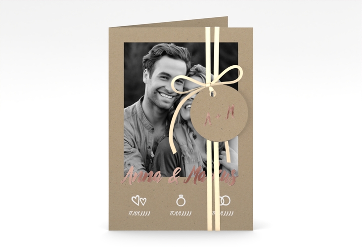 Einladungskarte Hochzeit Icons A6 Klappkarte hoch rosegold im Kraftpapier-Look mit Foto