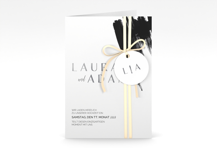 Einladungskarte Hochzeit Brush A6 Klappkarte hoch silber