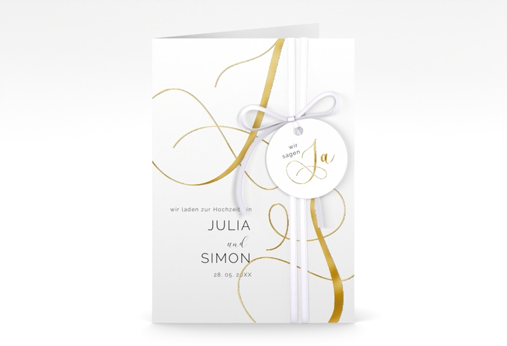 Hochzeitseinladung Eheschließung A6 Klappkarte hoch gold mit Gräsern und Trockenblumen für Boho-Hochzeit