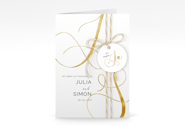 Hochzeitseinladung Eheschließung A6 Klappkarte hoch gold mit Gräsern und Trockenblumen für Boho-Hochzeit