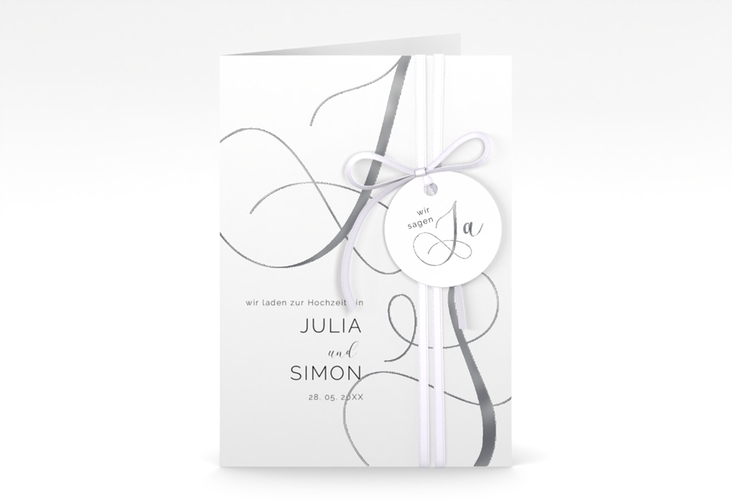 Hochzeitseinladung Eheschließung A6 Klappkarte hoch silber mit Gräsern und Trockenblumen für Boho-Hochzeit