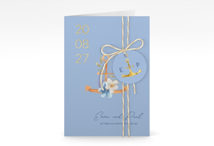 Einladungskarte Hochzeit Anker Floral A6 Klappkarte hoch gold