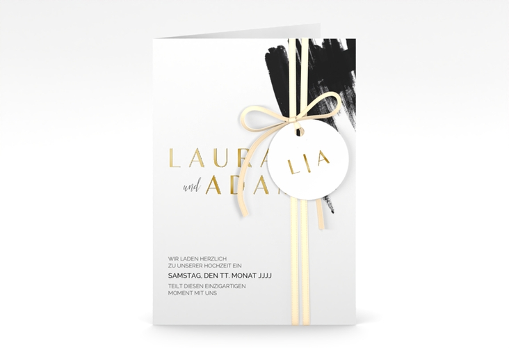 Einladungskarte Hochzeit Brush A6 Klappkarte hoch gold