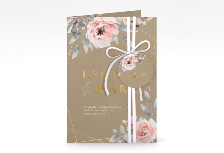 Einladungskarte Hochzeit Perfection A6 Klappkarte hoch gold mit rosa Rosen