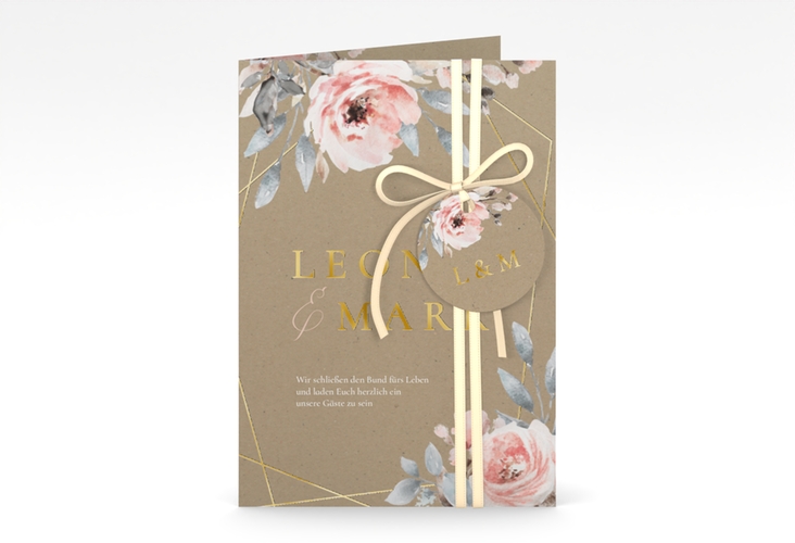 Einladungskarte Hochzeit Perfection A6 Klappkarte hoch gold mit rosa Rosen