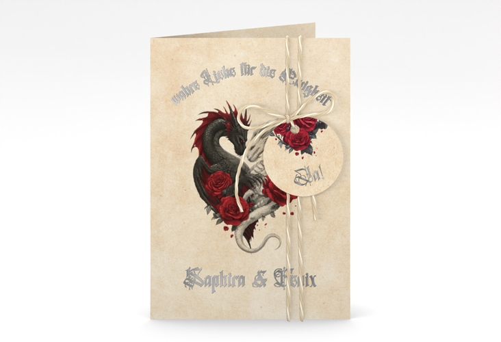 Einladungskarte Hochzeit Drachenliebe A6 Klappkarte hoch silber mit schwarzem und weißem Drachen zu einem Herz verschlungen